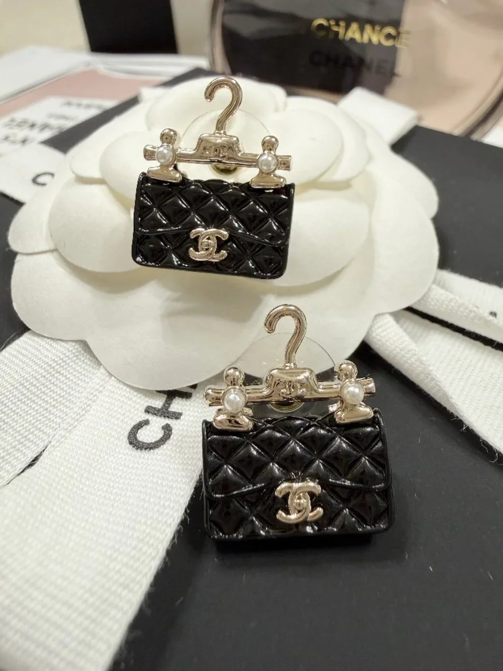 CHANEL Black Quilted Bag Hanger CC Stud Earrings